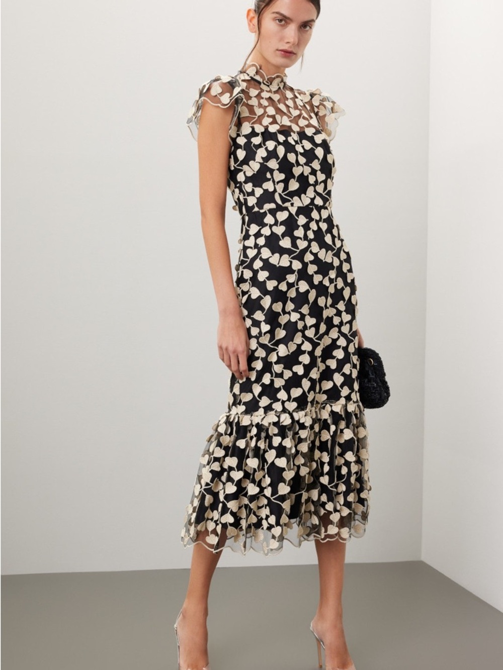 Shoshanna Black Midi Dress with Cream Floral Appliqué